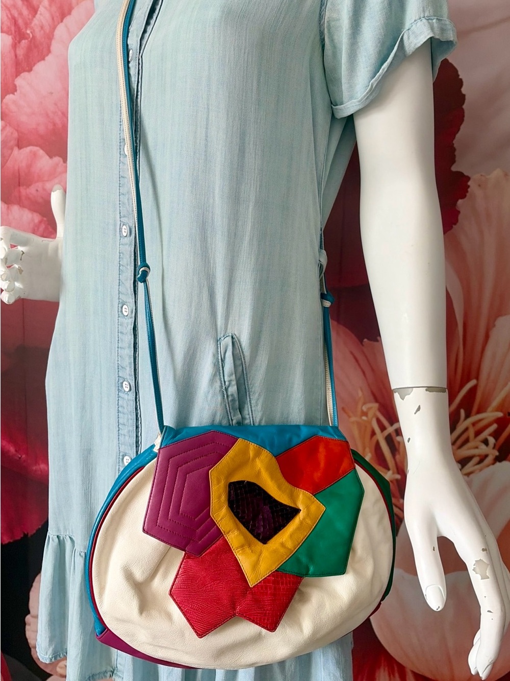 Vintage 1980s Sharif Genuine Leather Barrel Crossbody Floral Patchwork Bag Art - Picture 4 of 14